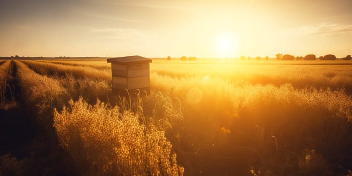 Beehive For Bees On A Sunset Field, Amazing Landscape