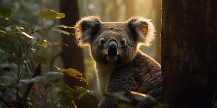 Cute Koala In The Jungle Forest In The Evening At Sunset