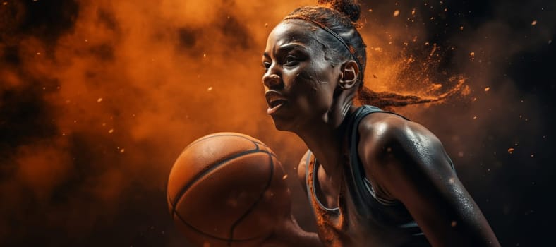 An intense moment as a female basketball player in motion exhibits concentration and skill during a game, with a striking orange fiery backdrop.