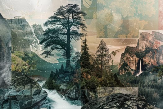 An artful collage depicting a harmonious mix of mountains, forested areas, and water bodies, evoking a sense of peace and natural splendor.