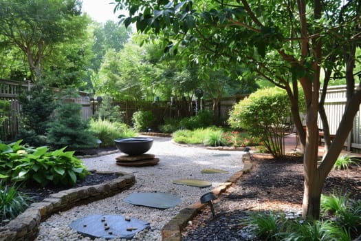 A peaceful garden pathway leads to a central water bowl feature, surrounded by lush greenery, under the shade of mature trees