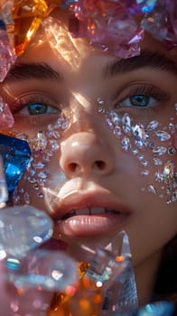 Capture the fun and art of a closeup of a womans face with rhinestones on her eyelashes and jaw. An electric blue pop for a fictional character at a science fiction event