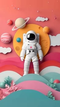 A colorful paper cutout of a man in a spacesuit standing in front of a colorful.