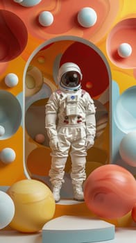 A colorful paper cutout of a man in a spacesuit standing in front of a colorful.