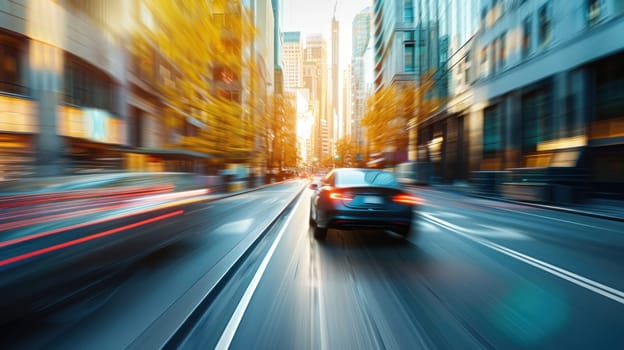 A car is driving down a busy city street with a blurred background.