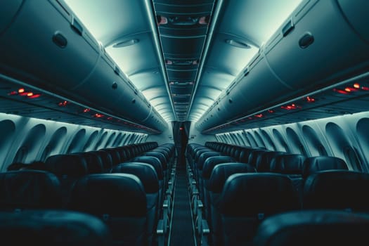 The inside of an airplane is empty and mostly blue.