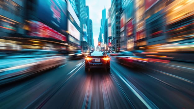 A car is driving down a busy city street with a blurred background. The car is in the foreground and the background is a mix of buildings and lights. Scene is fast-paced and energetic