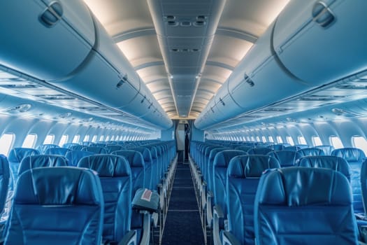 The inside of an airplane is empty and mostly blue.