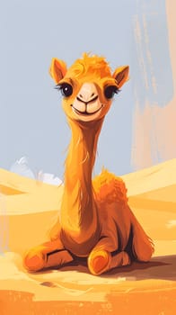 An art piece depicting a young Giraffidae, with fawncolored fur, sitting in the desert. The terrestrial animals long neck and tail add to its graceful figure