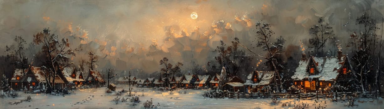 Rustic village at twilight, captured in an oil painting with rich textures and a peaceful palette.