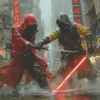 A duel of fates on a rain-slicked boulevard, neon and thunder a backdrop to the dance of blades.