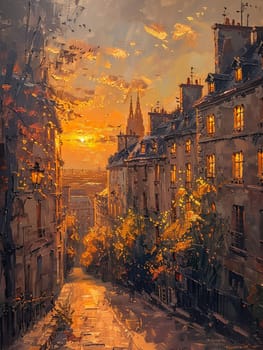 Golden hour's soft light against old-world architecture, painted with a gentle realism and attention to detail.