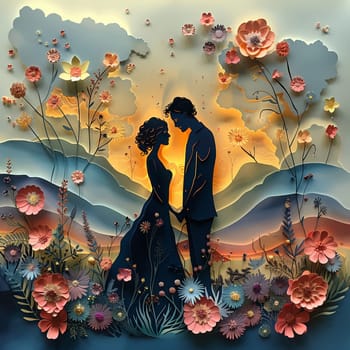 Romantic couple's silhouette in a paper cut-out style, set against a whimsical, pastel-colored landscape.