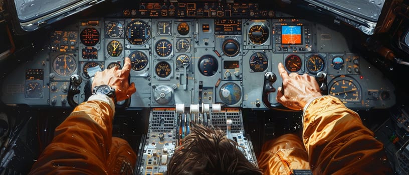 Pilot's hands on an aircraft cockpit controls, illustrated with meticulous attention to detail and realism.