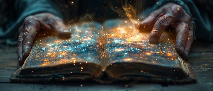 Hands flipping through a book of ancient runes, depicted with a glow that hints at forgotten lore.