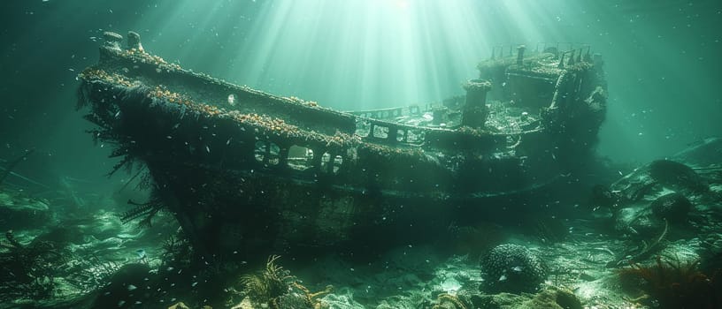 Sunken shipwreck with hidden treasures, rendered in a realistic underwater scene with dappled light.