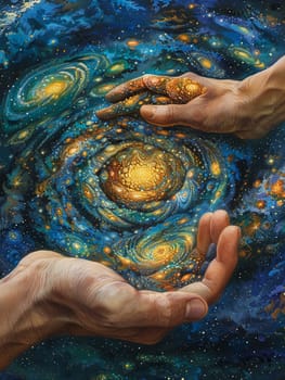 Child of the cosmos cradling galaxies within their palms, each spiral a playground of stars.