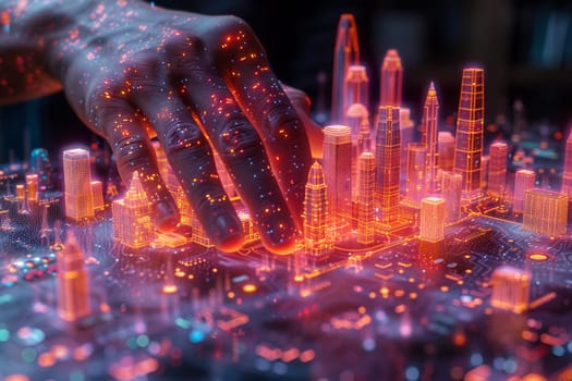 Architect's hands over a holographic city model, illustrated with a blend of realism and digital artistry.