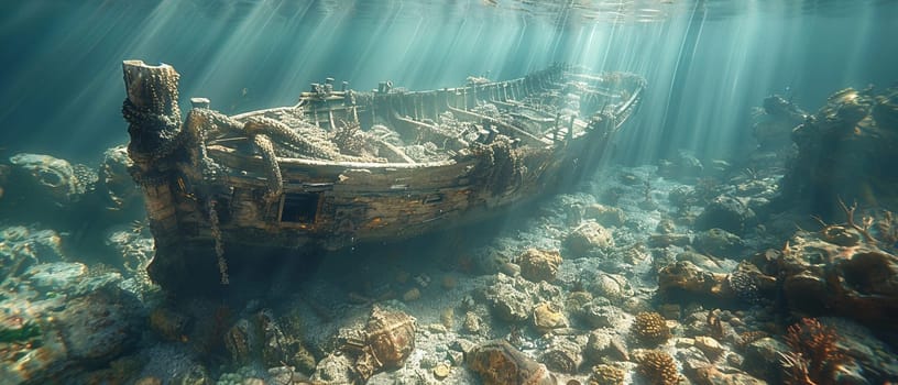 Sunken shipwreck with hidden treasures, rendered in a realistic underwater scene with dappled light.