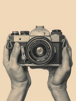 Hands holding a vintage camera, illustrated in a sepia-toned style evoking nostalgia and history.