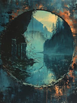 Enchanted mirror reflecting a secret world, painted with a gothic and mysterious atmosphere.