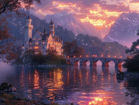 Majestic castle at twilight, digitally painted to evoke fairy tales and legendary stories.