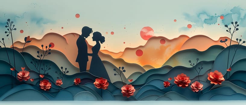 Romantic couple's silhouette in a paper cut-out style, set against a whimsical, pastel-colored landscape.