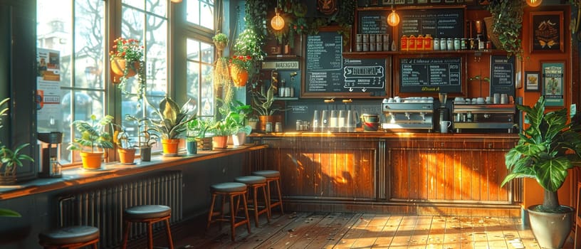 Quiet morning in a cafe illustrated with a cozy, inviting style, emphasizing warmth and comfort.