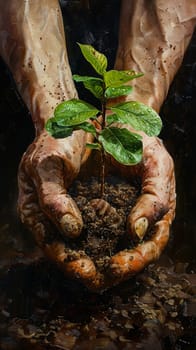 Gardener's hands nurturing a growing seedling, painted with a focus on texture and the green of life.