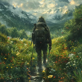 Adventurer trekking through an overgrown utopia, nature's reclaiming touch guiding their way.