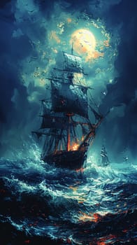 Stormy sea voyage illustrated with dynamic brushstrokes and a moody, atmospheric palette.