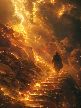 Champion ascending the steps to a celestial arena, their resolve a flame in the ascent.