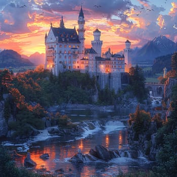 Majestic castle at twilight, digitally painted to evoke fairy tales and legendary stories.