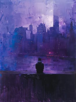 Sculptor carving the essence of the aether, their chisel a conjuring of form and void. City skyline at dusk painted in broad, impressionistic strokes of deep blues and purples.