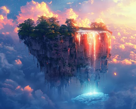 Surreal floating island with a cascading waterfall, illustrated in a dreamy and imaginative style.