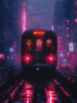 Night train arrival captured in a futuristic, Blade Runner-inspired neon palette and atmospheric detail.