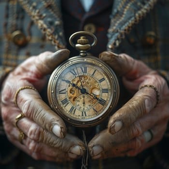 Time traveler's hands setting a vintage pocket watch, rendered with a steampunk aesthetic and Victorian flair.