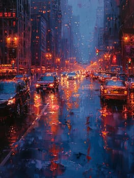 Rain-slicked urban street captured in glossy oil paints, highlighting reflective surfaces and city lights.