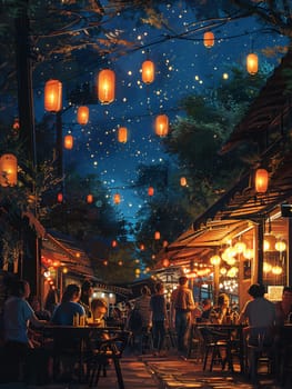 Night market excitement rendered in a lively, cartoon-style with exaggerated expressions and fun details.