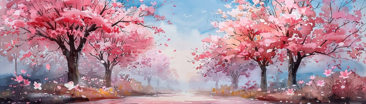 Cherry blossom avenue depicted with delicate watercolor washes creating a dreamlike ambiance.