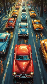 Vintage car rally scene with colorful automobiles, illustrated in a lively, nostalgic comic style.