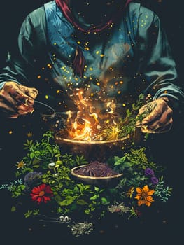 Potion master's hands grinding magical herbs, illustrated with alchemical symbols and ancient charm.