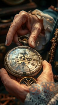 Time traveler's hands setting a vintage pocket watch, rendered with a steampunk aesthetic and Victorian flair.