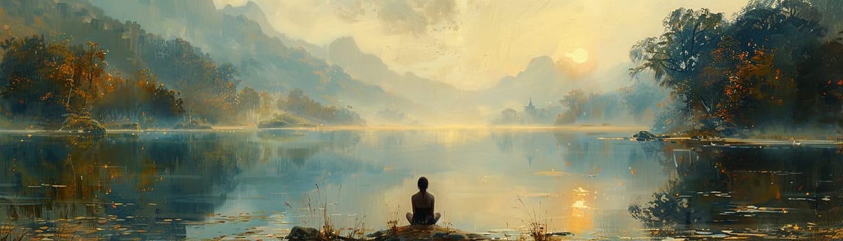 Contemplative wanderer by a placid lake, the still waters echoing silent thoughts.