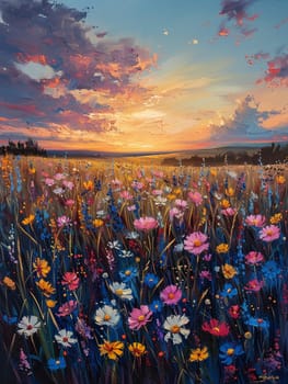 Wildflower meadow at dawn painted with a fresh, vibrant palette, capturing the essence of spring.
