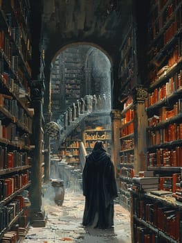 Scribe in a library of the ancients, ink and parchment breathing life into history.