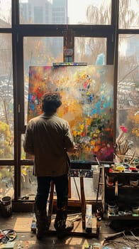 Painter in their studio, world outside the window melting into their canvas of colors.