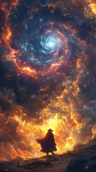 Sorcerer gazing into the heart of a celestial storm, conjuring magic that dances with the cosmos.