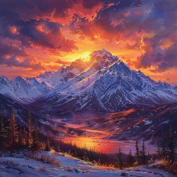 Mountain peak sunset painted with an emphasis on dramatic lighting and expansive views in a romantic style.