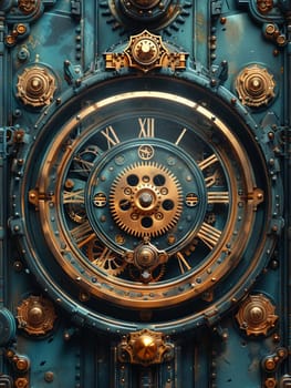 Ornate clockwork mechanism detailed in a steampunk illustration style with metallic sheen and gears.